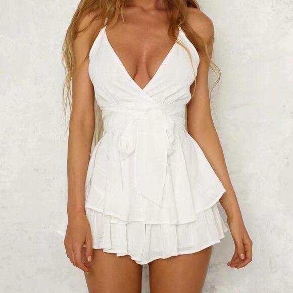 Pink Lily V Neck Ruffle Belted Tie Waist Romper White Small - Picture 1 of 7